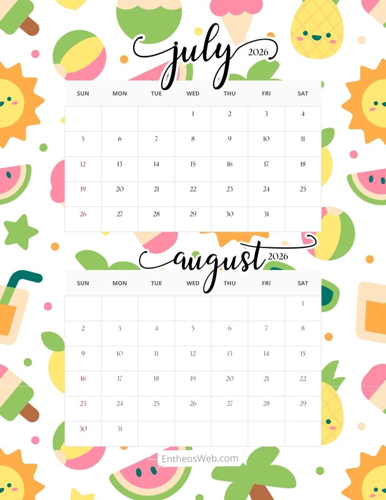 July august 2026 calendar page over a bright summer themed background with suns fruits and confetti days of the week sunsat and numbered dates visible 2 month   july august 2026 calendar 8 5 x 11 in   cute summer
